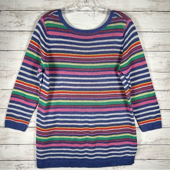 Talbots Linen Summer Sweater Multi Stripe Boat Neck Pullover Coastal Medium - Picture 3 of 8